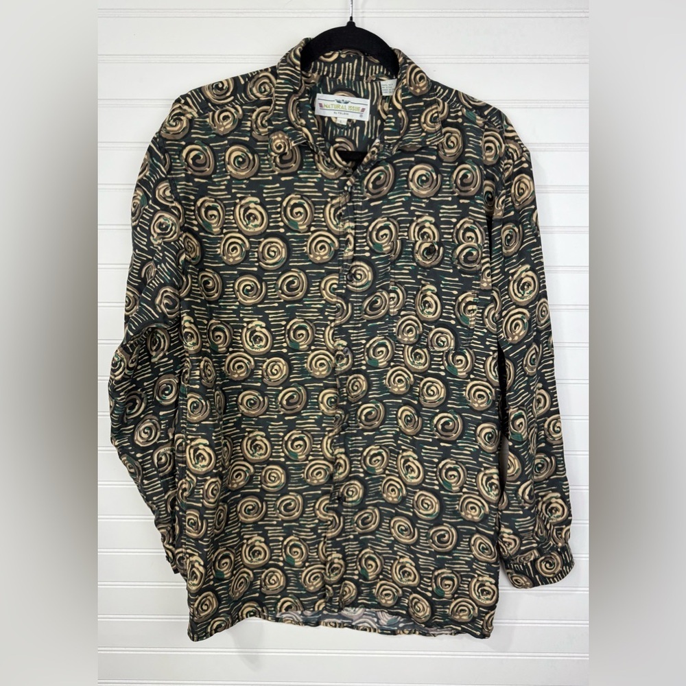 Vintage Natural Issue men’s 100% silk abstract design long sleeve shirt. Size L